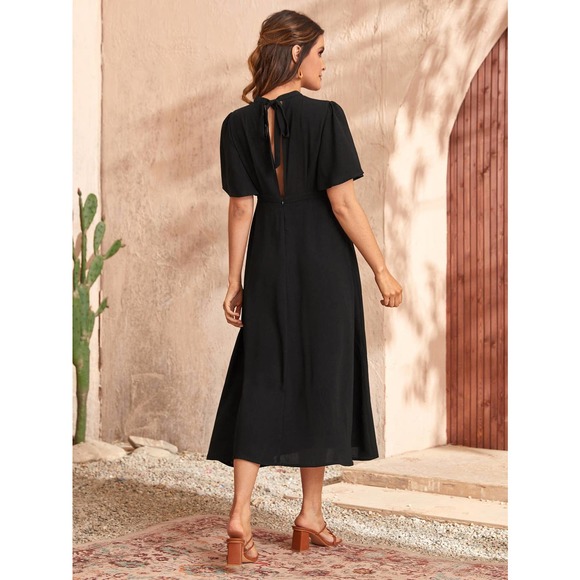 Maternity Solid Butterfly short Sleeve midi Dress black - Picture 2 of 5